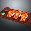 Fresh Salmon Sushi Pieces Served on Wooden Tray with Soy Sauce and Wasabi
