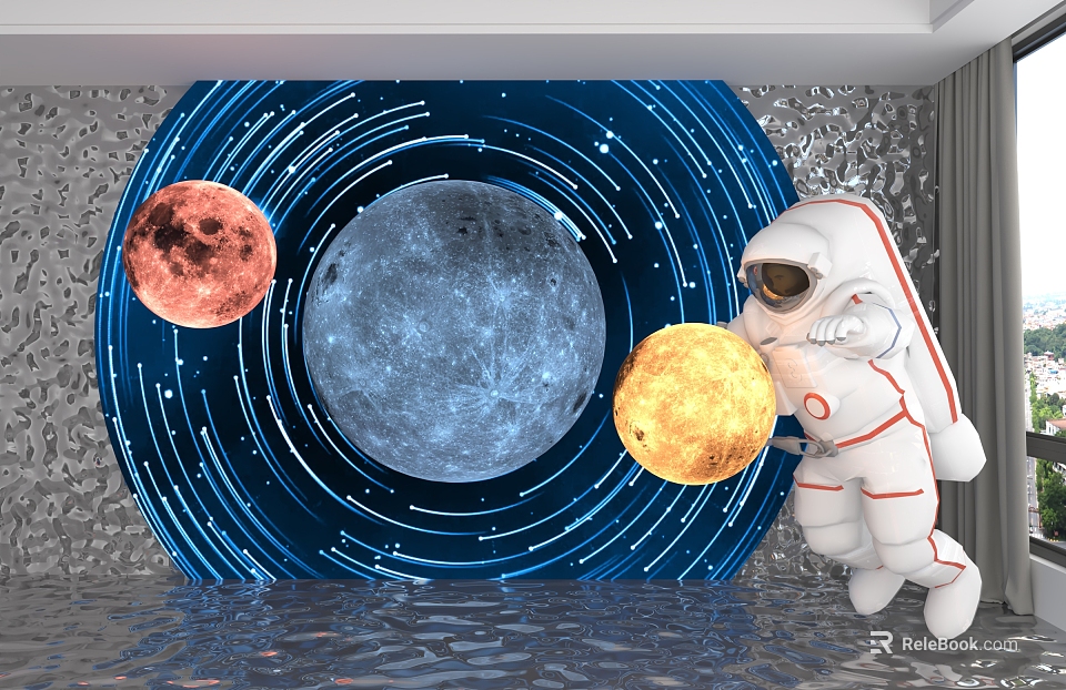 Starry Sky Background Wall With Blue Halos Planets Astronaut And Shining Stars 3d model 