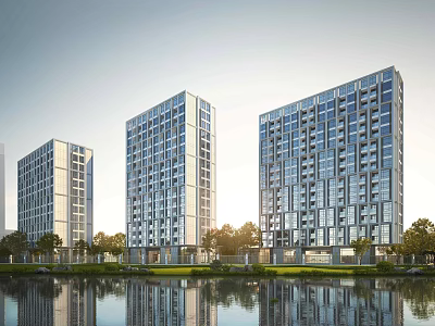 Modern High Rise Hotel Buildings With Glass Facade And Waterfront Greenery 3d model