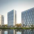 Modern High Rise Hotel Buildings With Glass Facade And Waterfront Greenery