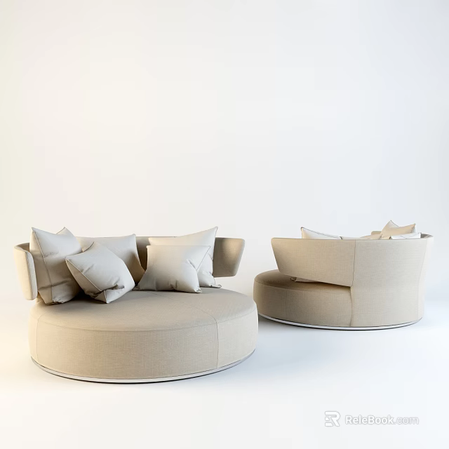 Elegant Modern Round Beige Single Sofa With Plush Decorative Cushions 3d model 