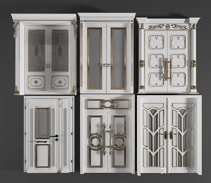 White Double Doors With Various Decorative Designs Glass Panels And Metal Details 3d model 