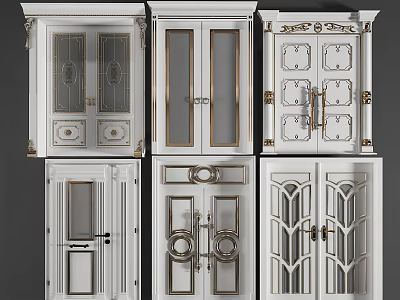 White Double Doors With Various Decorative Designs Glass Panels And Metal Details 3d model