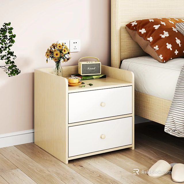 Cozy Bedroom Interior With Wooden Bedside Table Two Drawers Flowers Radio And Bed Pillow 3d model 