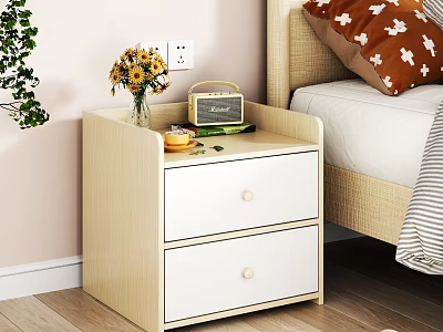Cozy Bedroom Interior With Wooden Bedside Table Two Drawers Flowers Radio And Bed Pillow 3d model