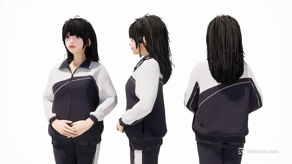 Woman Wearing Black And White Tracksuit With Long Hair Three Angles View 3d model 