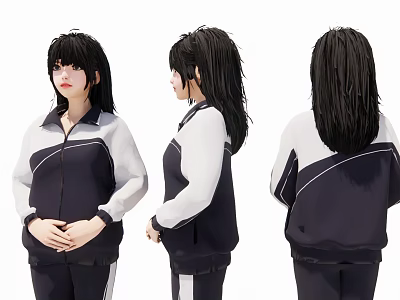 Woman Wearing Black And White Tracksuit With Long Hair Three Angles View 3d model