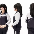 Woman Wearing Black And White Tracksuit With Long Hair Three Angles View