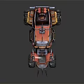 Futuristic Armored Off Road Vehicle With Large Tires Red Orange Paint Turret And Yellow Lights