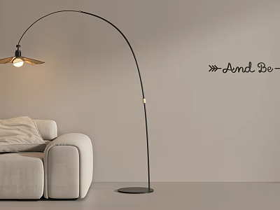 Arched Black Floor Lamp With Wooden Shade In Living Room With White Sofa 3d model