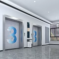 Modern Elevator Hallway With Glass Doors Blue Patterns And Marble Floor 3d model