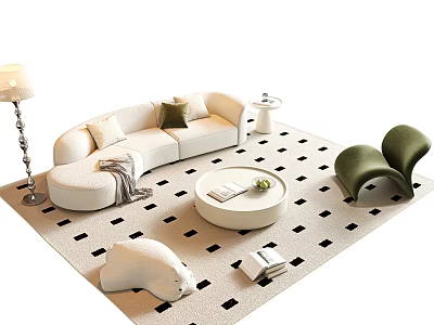 White Curved Sofa and Round Coffee Table Set with Green Chair and Checkered Rug 3d model