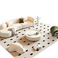 White Curved Sofa and Round Coffee Table Set with Green Chair and Checkered Rug