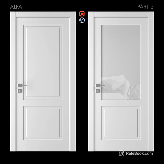 Modern White Hinged Doors With Frosted Glass Panel And Metal Handle Design 3d model 