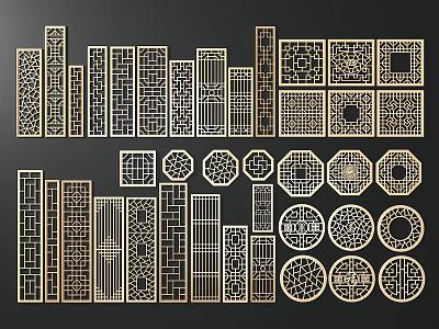 Traditional Carved Lattice Windows Featuring Various Ornamental Patterns And Shapes 3d model