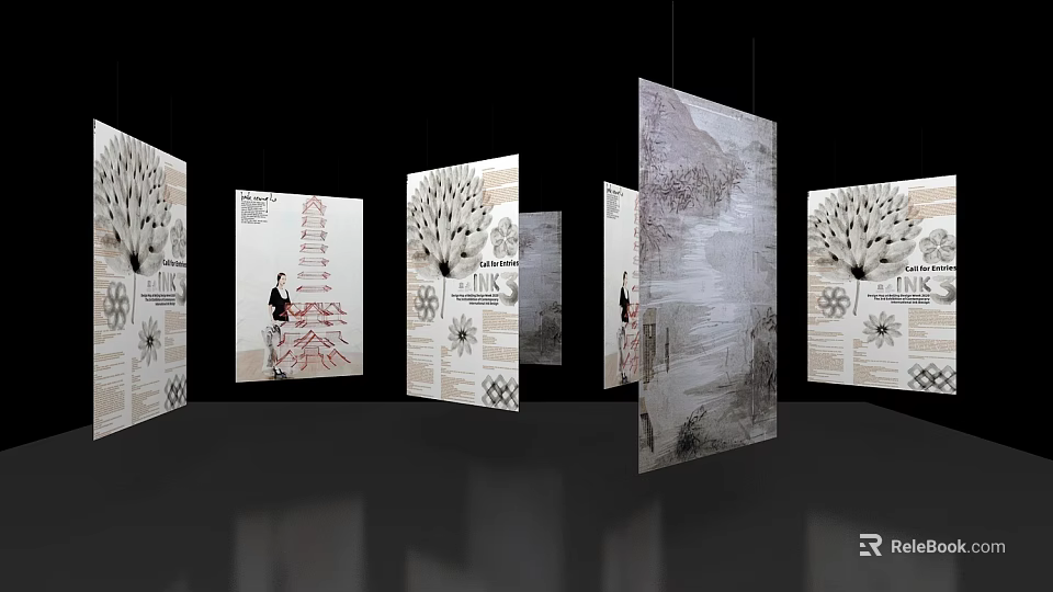 Hanging Display Panels With Patterns And Text In Modern Exhibition Space 3d model 