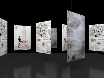 Hanging Display Panels With Patterns And Text In Modern Exhibition Space 3d model