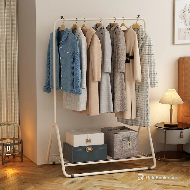 Stylish Clothes Hanging on Clothes Rack with Storage Boxes in Bedroom 3d model