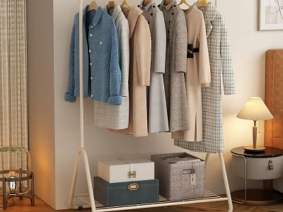 Stylish Clothes Hanging on Clothes Rack with Storage Boxes in Bedroom 3d model