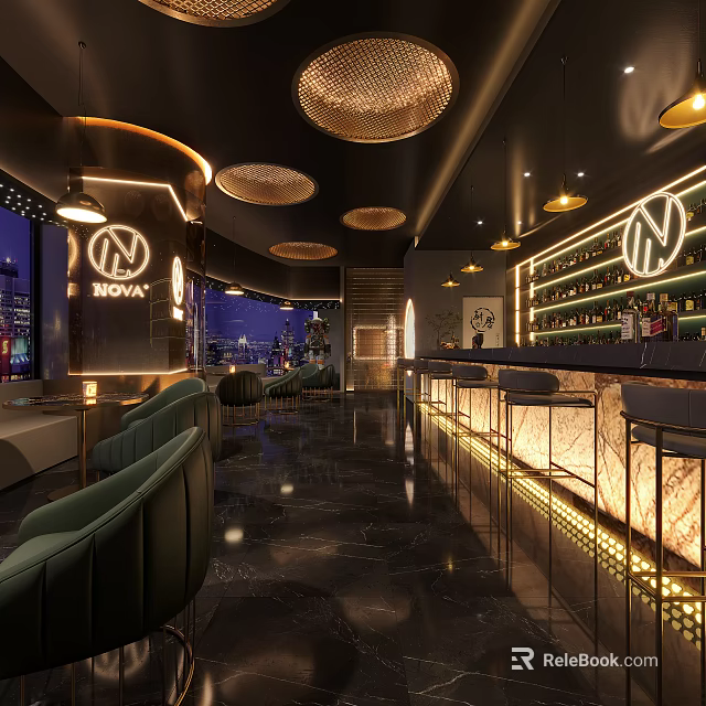 Modern NOVA Bar Interior With Neon Sign Bar Counter Green Seats And City View 3d model 