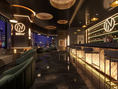 Modern NOVA Bar Interior With Neon Sign Bar Counter Green Seats And City View 3d model