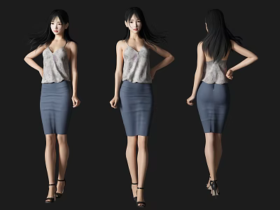Woman In Gray Tank Top Blue Pencil Skirt Black High Heels Three Angles View 3d model