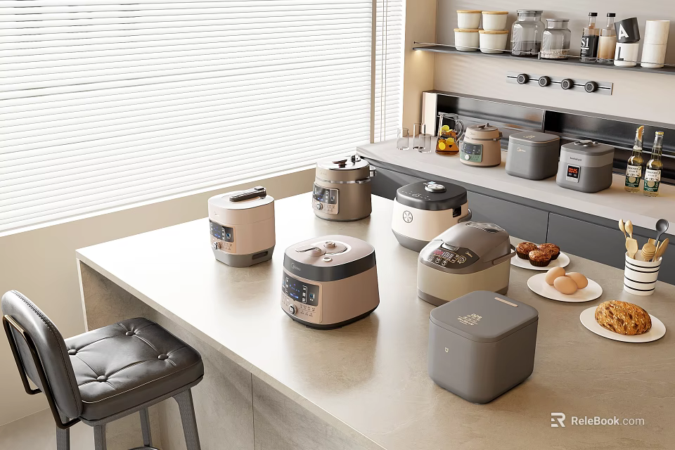 Modern Kitchen Countertop With Various Kitchen Appliances White Blinds Gray Cabinets And Food Items 3d model 