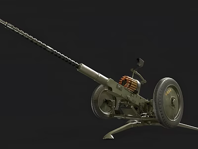Military Artillery Gun With Long Barrel Metal Wheels And Stand On Dark Background 3d model