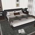 Stylish Double Bed With Black Leather Headboard Gray Brown Pillows Striped Blanket And Nightstands
