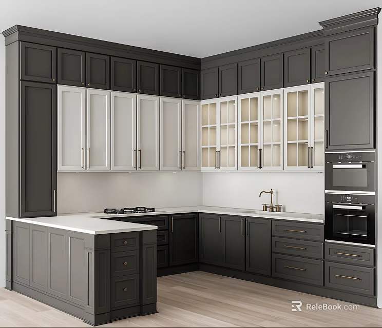 Modern Kitchen Interior With Dark Cabinets White Countertop Island And Glass Door Cabinets 3d model 