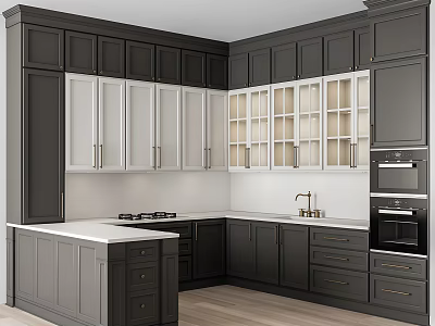 Modern Kitchen Interior With Dark Cabinets White Countertop Island And Glass Door Cabinets 3d model