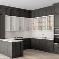 Modern Kitchen Interior With Dark Cabinets White Countertop Island And Glass Door Cabinets
