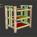 Natural Bamboo Bunk Bed Structure With Three Tier Design And Solid Support Legs 3d model