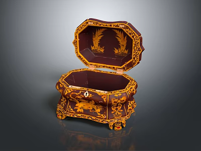 Ornate Octagonal Decorative Box With Gold Dark Color Intricate Carvings And Open Lid 3d model