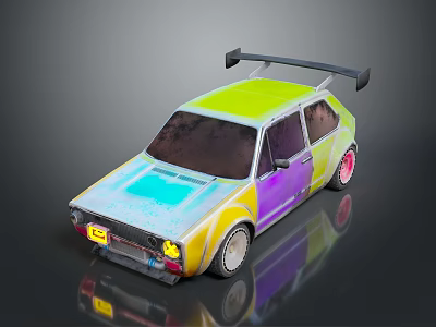 Vintage Car With Colorful Paint Yellow Green Blue Purple And Black Rear Spoiler Pink Wheels 3d model