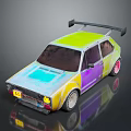 Vintage Car With Colorful Paint Yellow Green Blue Purple And Black Rear Spoiler Pink Wheels