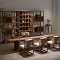 Wooden Tea Table With Matching Chairs And Traditional Bookshelf With Tea Sets And Green Plants