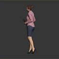 Woman In Pink Striped Shirt And Blue Skirt Holding Black Notebook Standing Against Gray Background