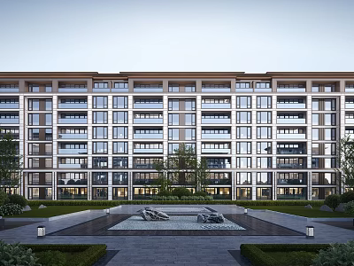 Modern Residential Apartment Building Exterior Design Featuring Water Pool And Lush Greenery 3d model