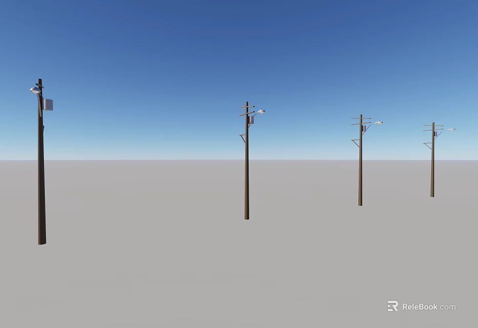 Row of Telephone Poles With Street Lamps Under Clear Blue Sky On Empty Ground 3d model 