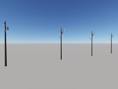 Row of Telephone Poles With Street Lamps Under Clear Blue Sky On Empty Ground 3d model