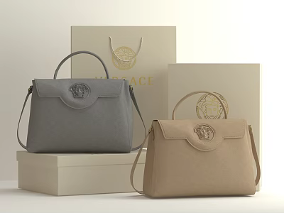 Two Stylish Gray And Beige Handbags Featuring Versace Logo On Display Boxes 3d model