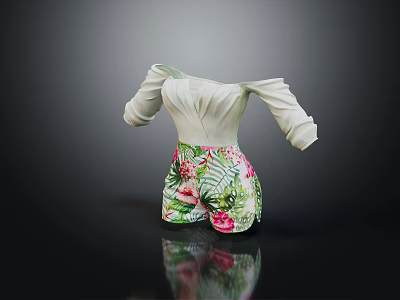 Casual Summer Off Shoulder White Top With Tropical Floral Print Shorts Outfit 3d model