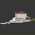 Cartoon Scene of House with Red Roof White Walls Swimming Pool Lawn and Patio Area