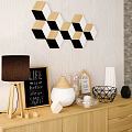 Modern Light Wood TV Stand with Table Lamp Chalkboard Sign Vase and Geometric Wall Art