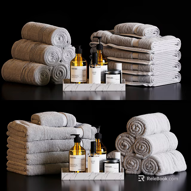 Bathroom Accessories With Rolled And Stacked Towels Liquid Soap Bottles On Marble Tray 3d model 
