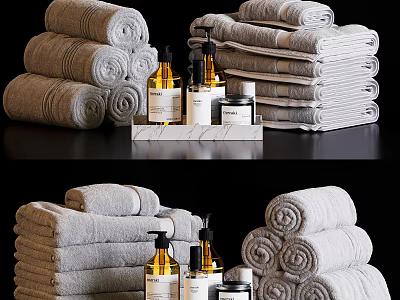 Bathroom Accessories With Rolled And Stacked Towels Liquid Soap Bottles On Marble Tray 3d model