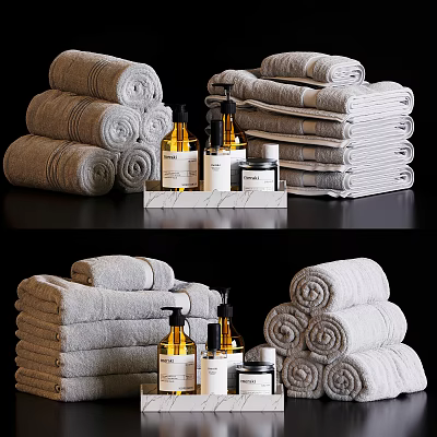 Bathroom Accessories With Rolled And Stacked Towels Liquid Soap Bottles On Marble Tray 3d model