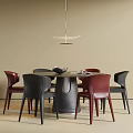 Modern Round Dining Table With Red Black Leather Chairs Under Hanging Pendant Light 3d model