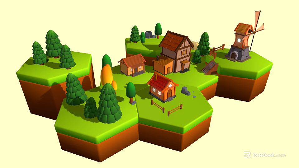 Charming Scenic Landscape With Green Trees Cozy Houses And Windmill On Rolling Hills 3d model 